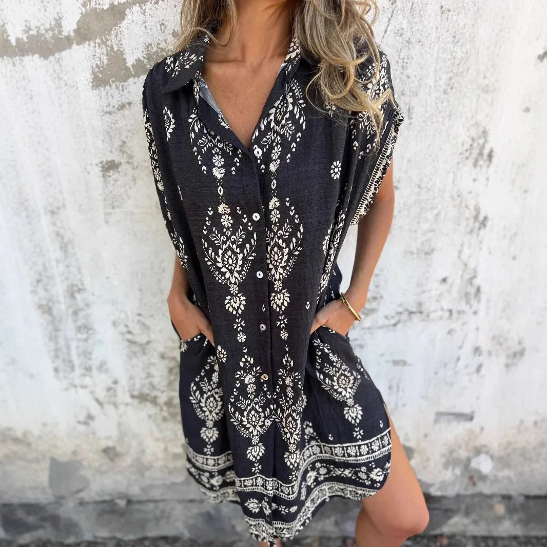 Zomer losse damesjurk met korte mouwen, knopen, mode, bedrukte zak, casual straatstrandshirt, midi-rok