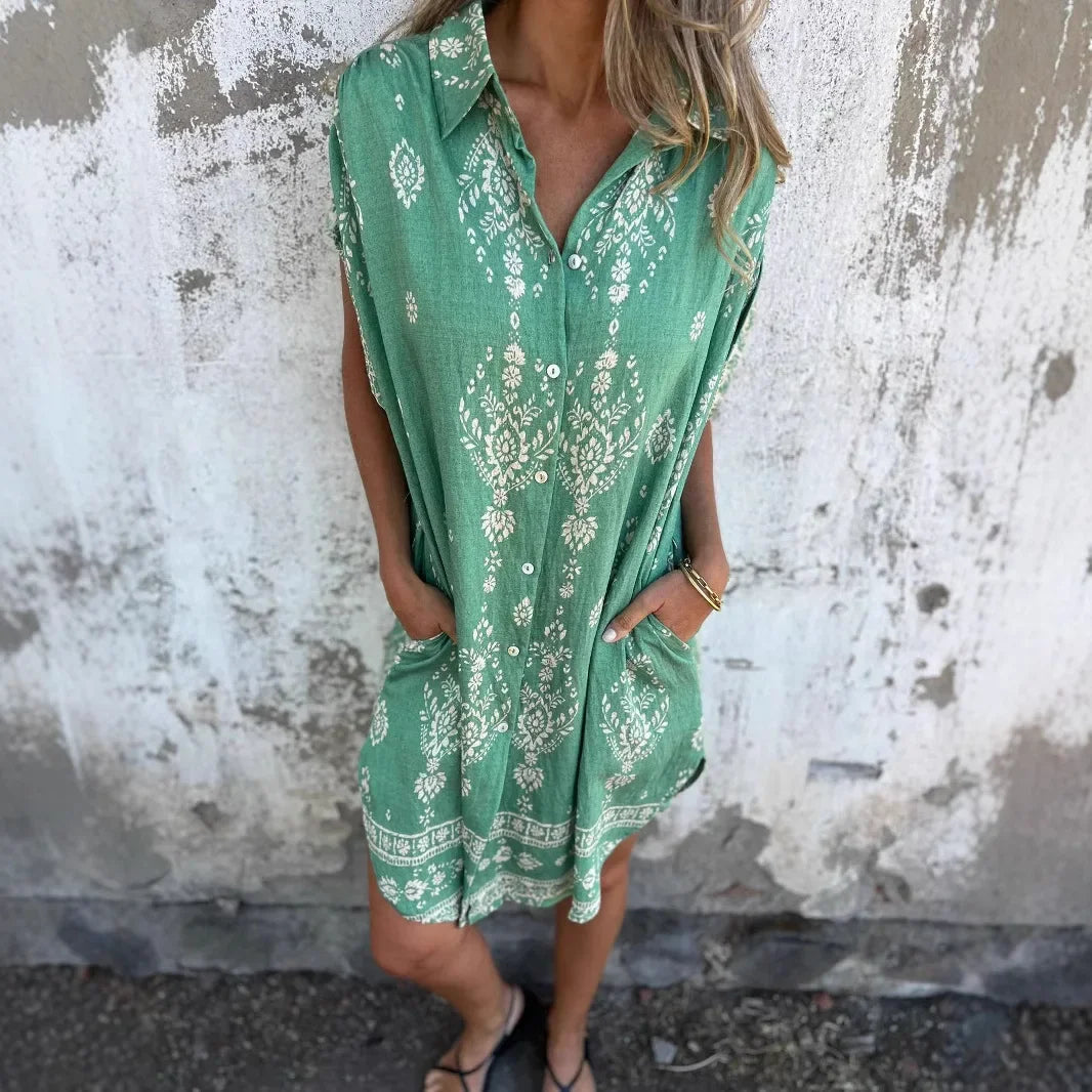 Zomer losse damesjurk met korte mouwen, knopen, mode, bedrukte zak, casual straatstrandshirt, midi-rok