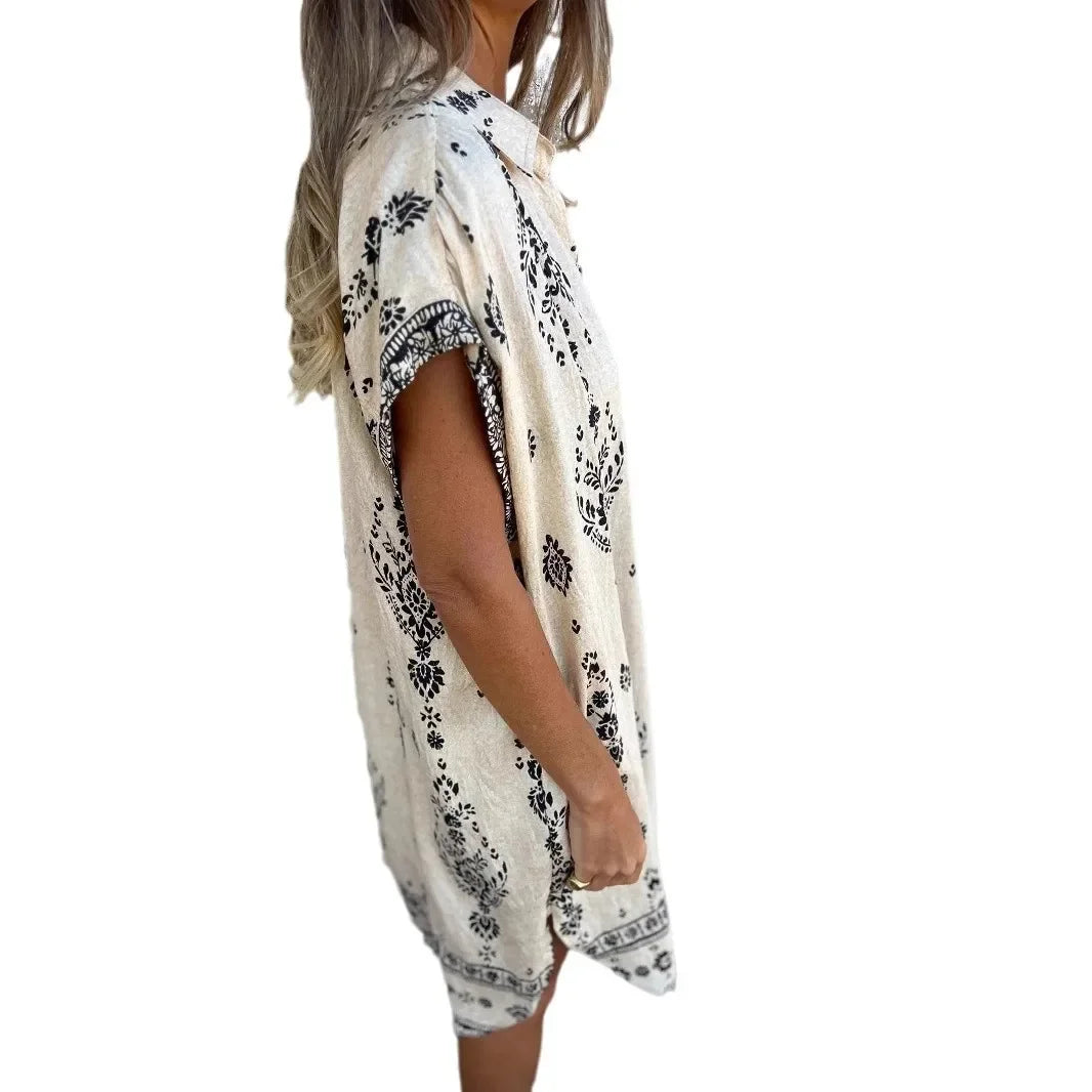 Zomer losse damesjurk met korte mouwen, knopen, mode, bedrukte zak, casual straatstrandshirt, midi-rok