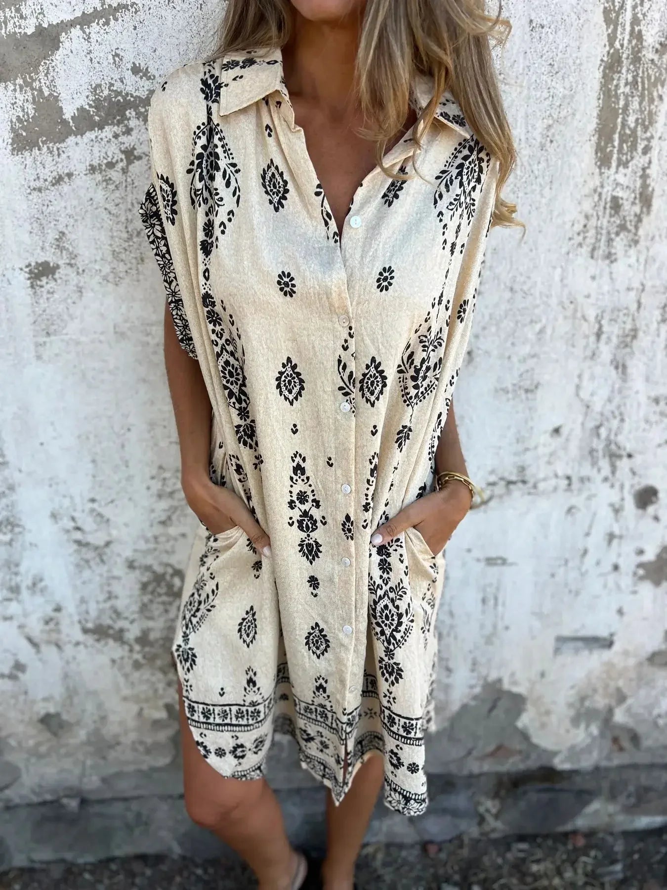 Zomer losse damesjurk met korte mouwen, knopen, mode, bedrukte zak, casual straatstrandshirt, midi-rok