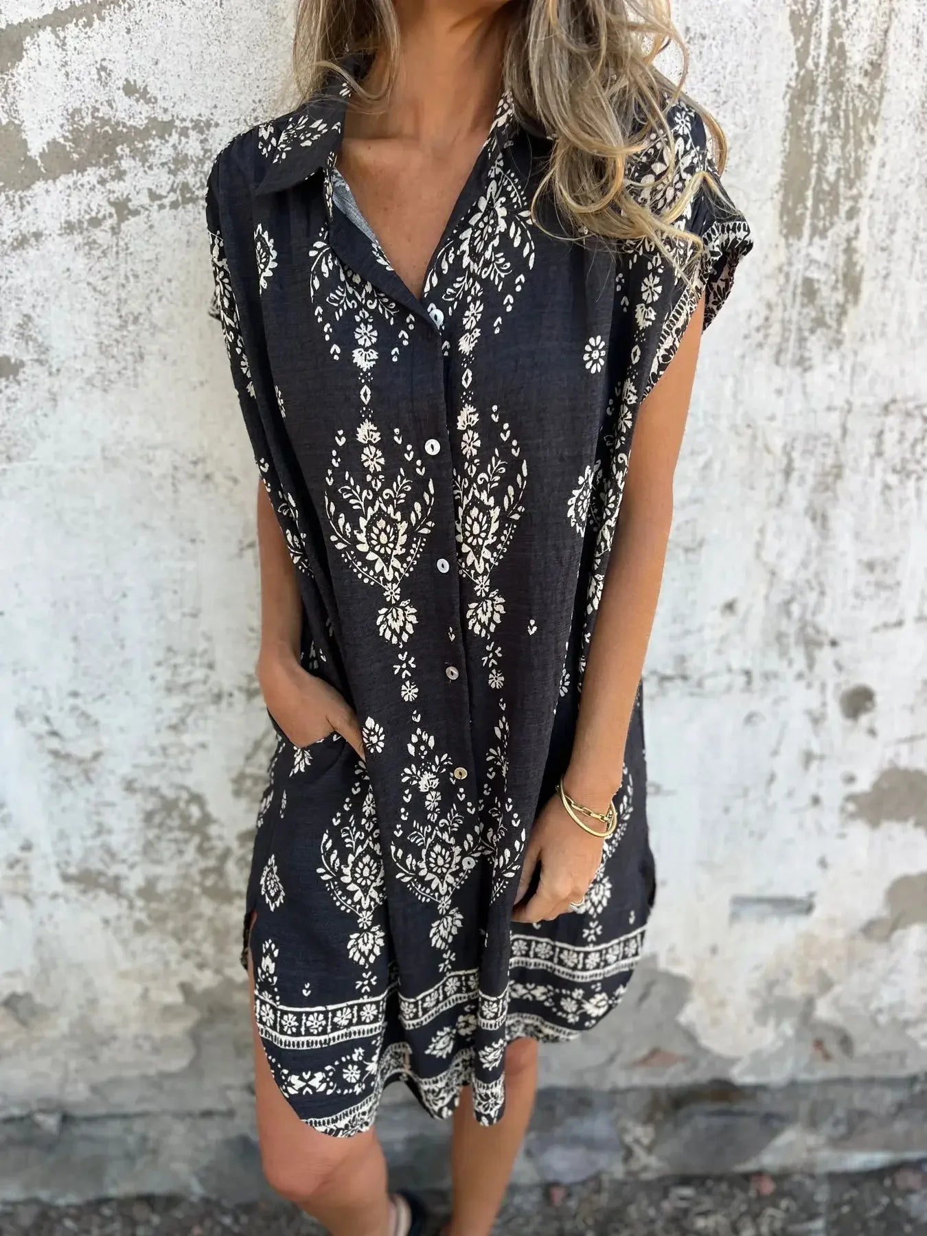 Zomer losse damesjurk met korte mouwen, knopen, mode, bedrukte zak, casual straatstrandshirt, midi-rok