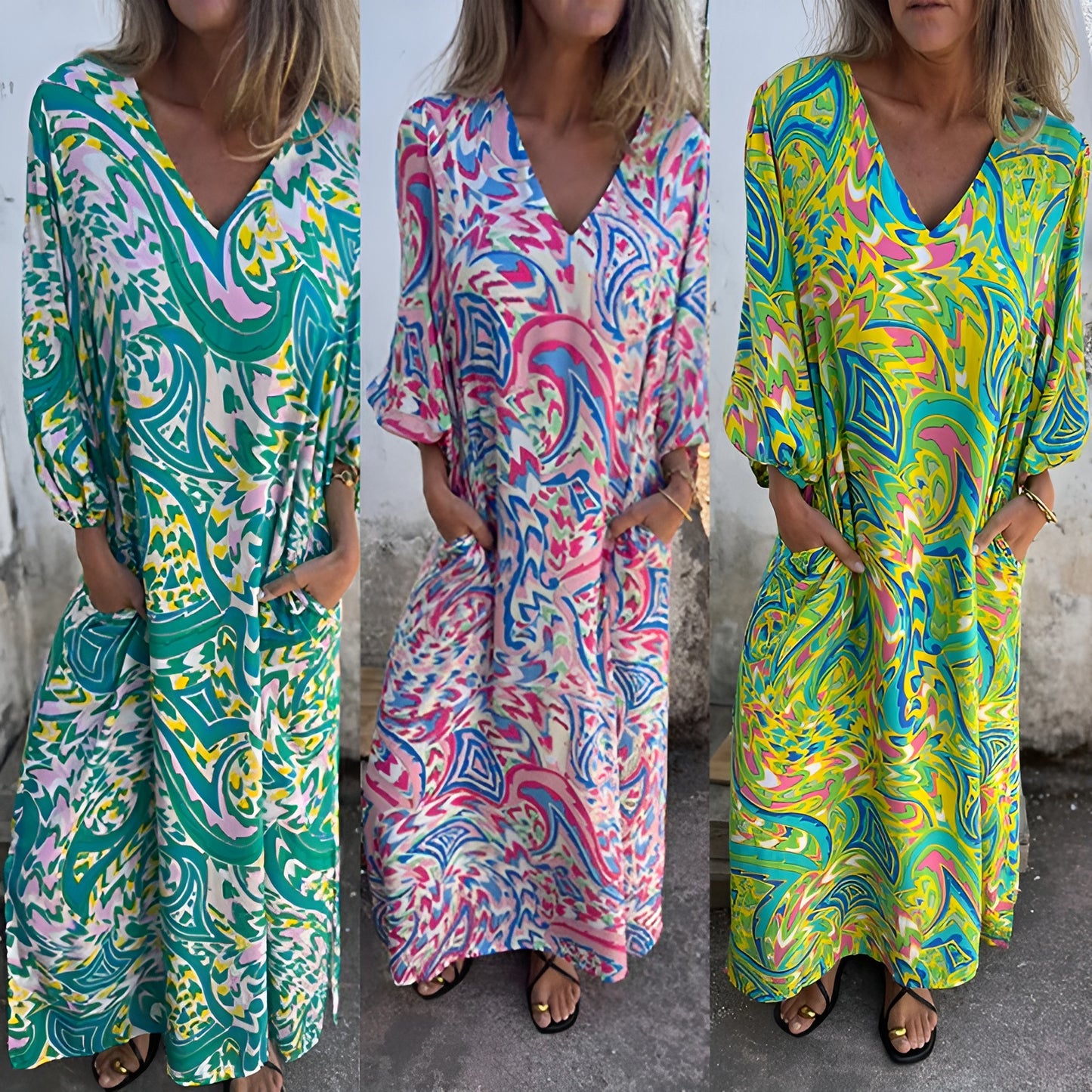 Lowri – Tyylikäs maxi-mekko V-päällä ja taskuilla