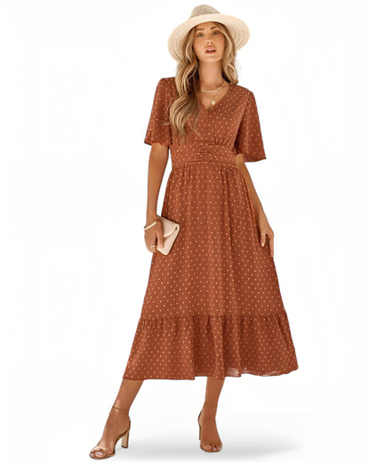 Lilja™ | Elegantti mekko V-pääntiellä ja lyhyillä hihoilla