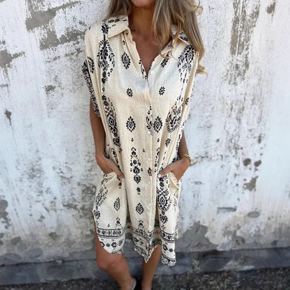 Zomer losse damesjurk met korte mouwen, knopen, mode, bedrukte zak, casual straatstrandshirt, midi-rok