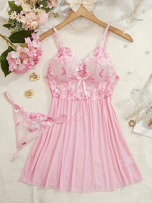 Lidi™ | Kukkapitsinen babydoll, V-pääntie, string, seksikäs alusasu