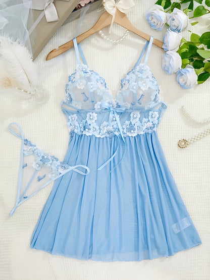 Lidi™ | Kukkapitsinen babydoll, V-pääntie, string, seksikäs alusasu