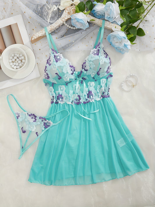 Lidi™ | Kukkapitsinen babydoll, V-pääntie, string, seksikäs alusasu